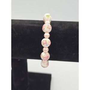 Floral Porcelain Bead & Pink Pearl Stretch Bracelet Fashion Jewelry Gift